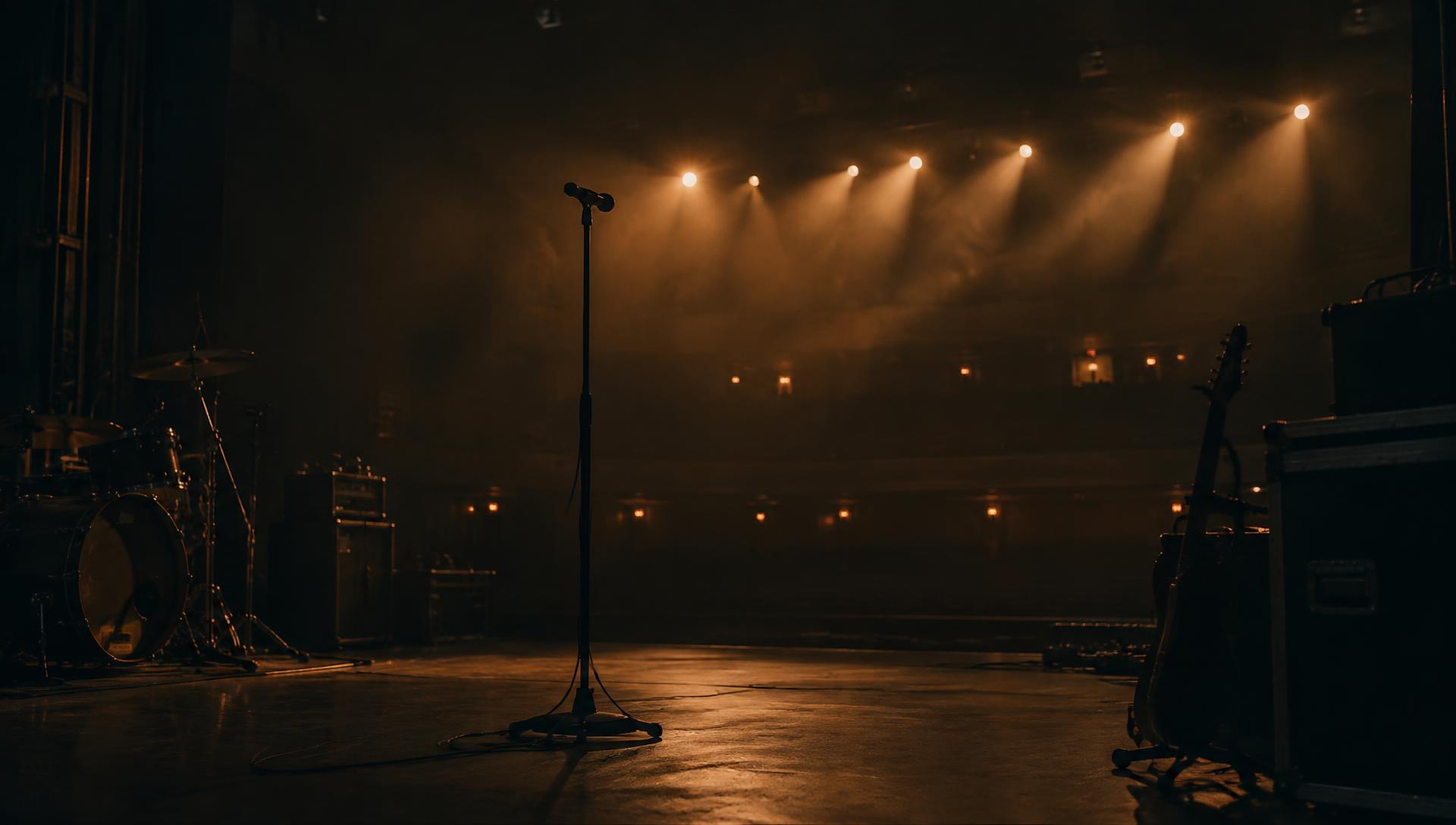 An empty stage lit by warm spotlights before a performance