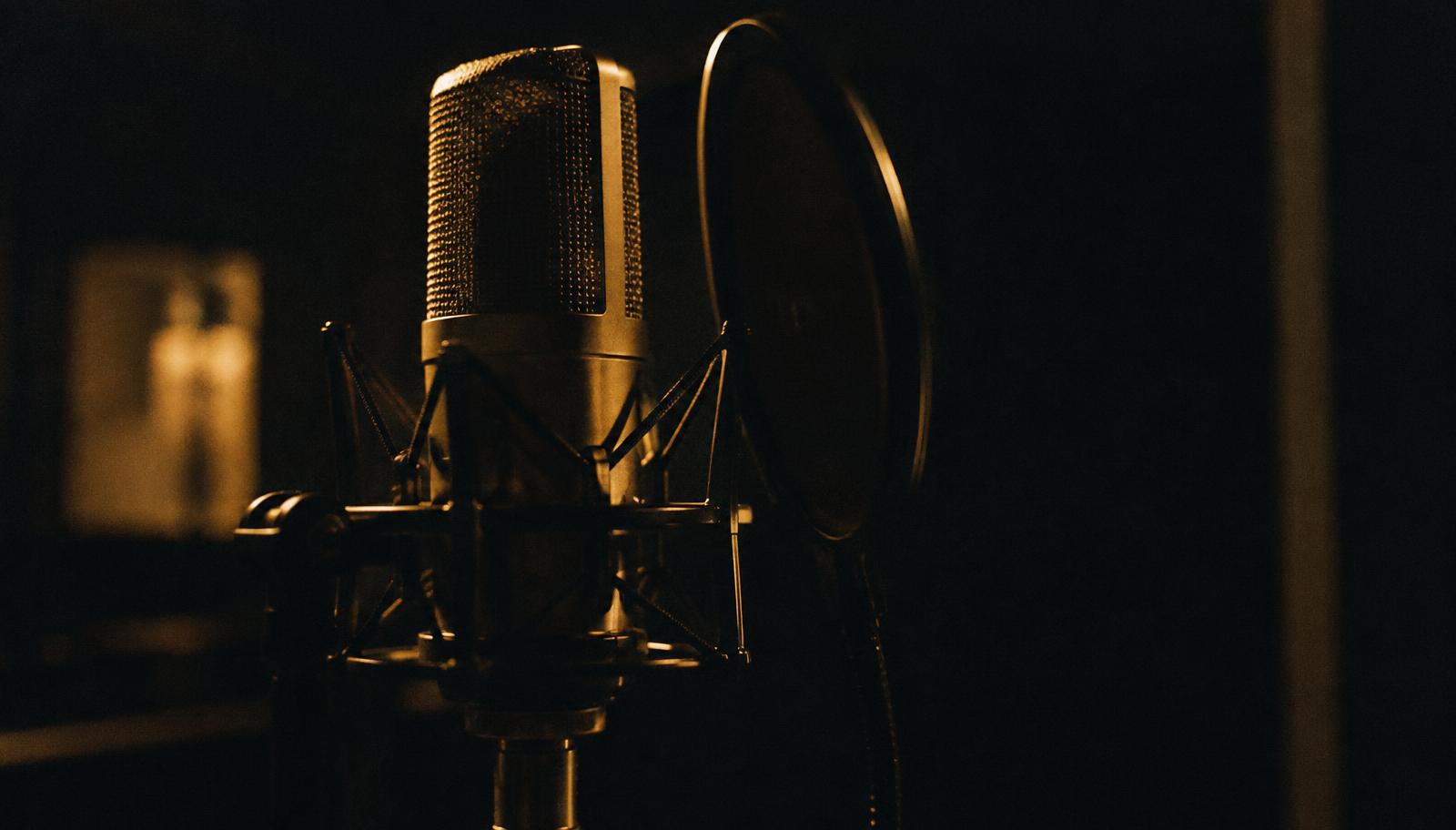 A condenser microphone in a dimly lit vocal booth