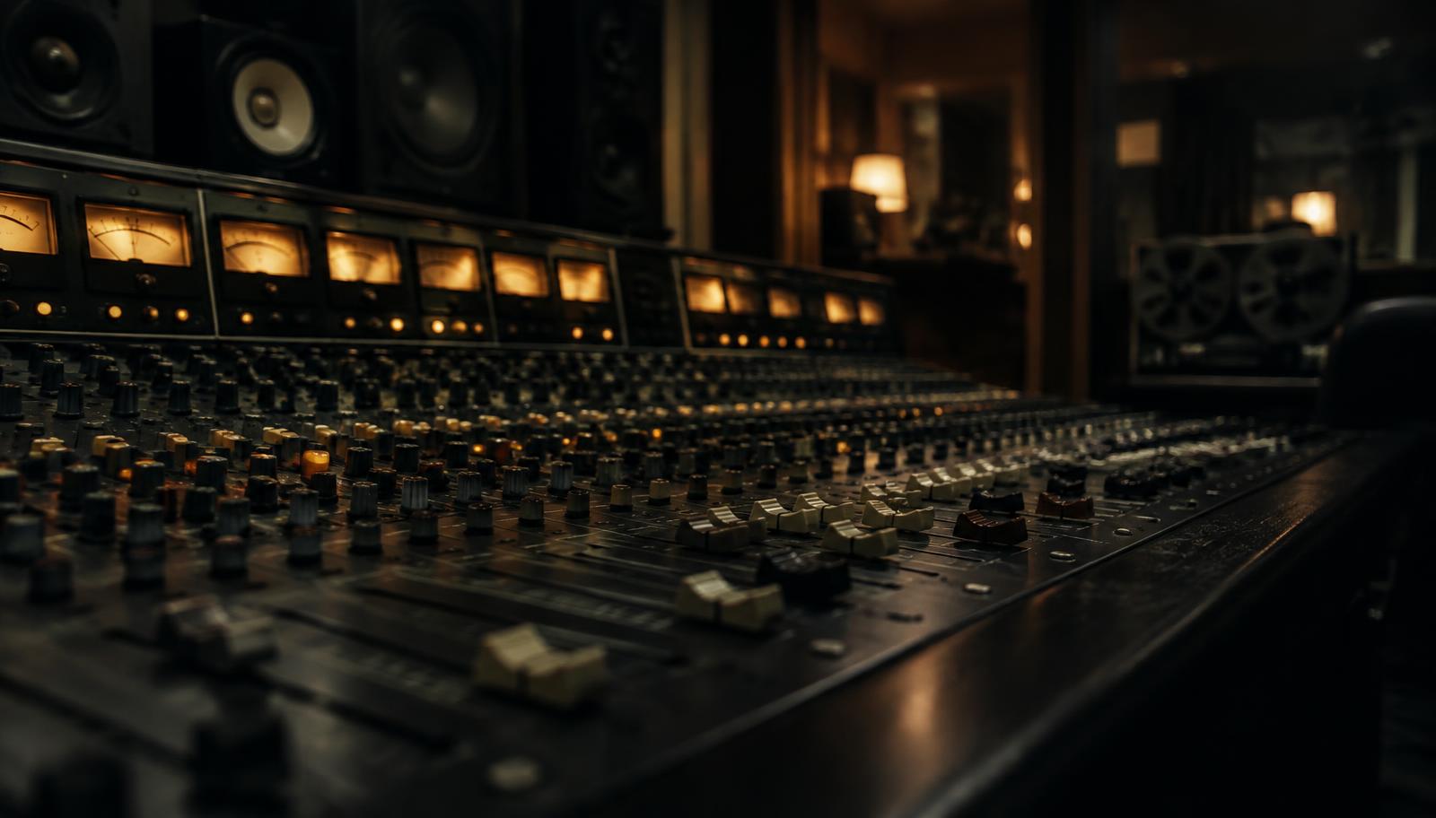 A recording studio mixing console lit by warm indicator lights